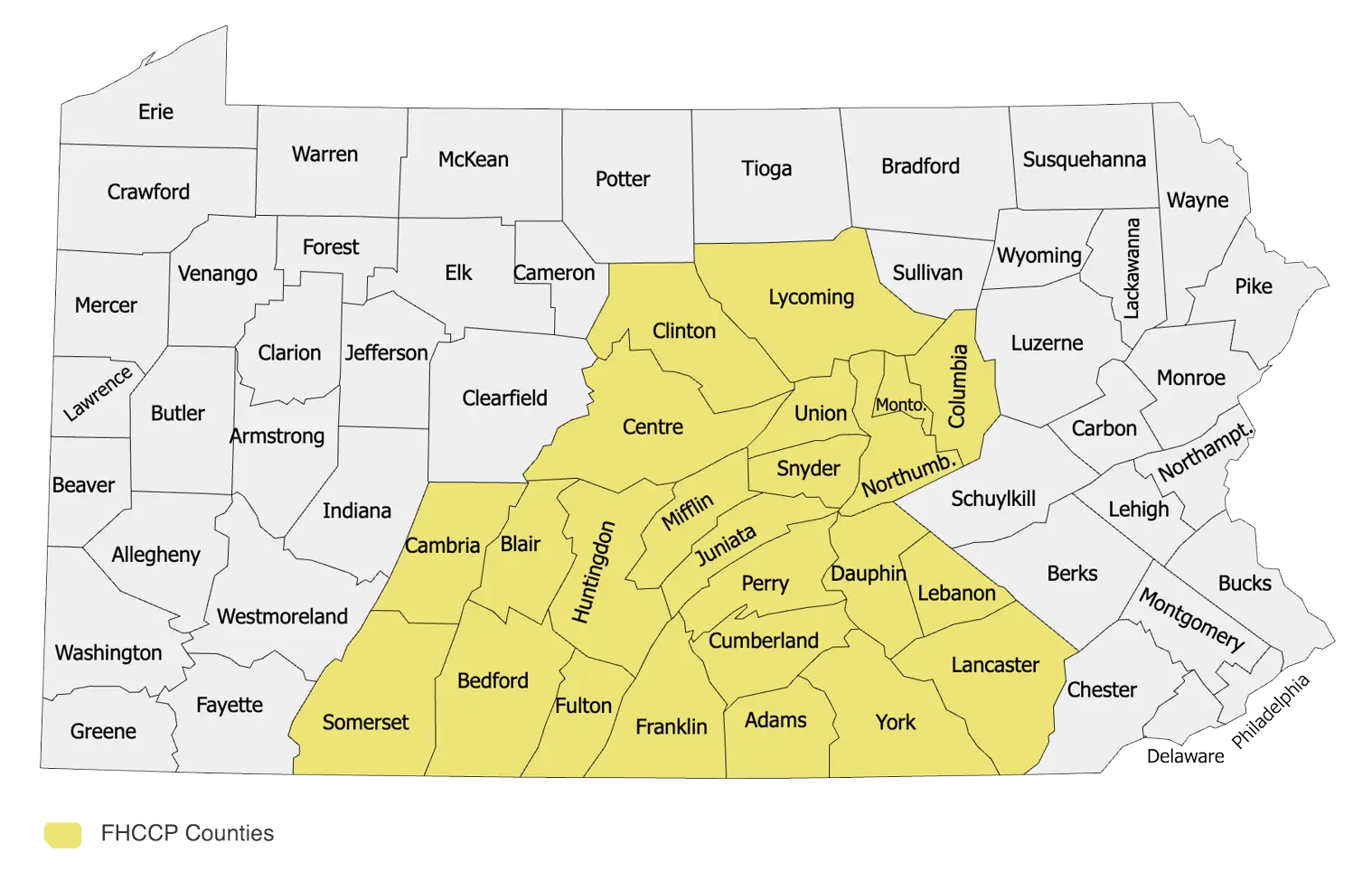 Map showing Pennsylvania counties that FHCCP serves.